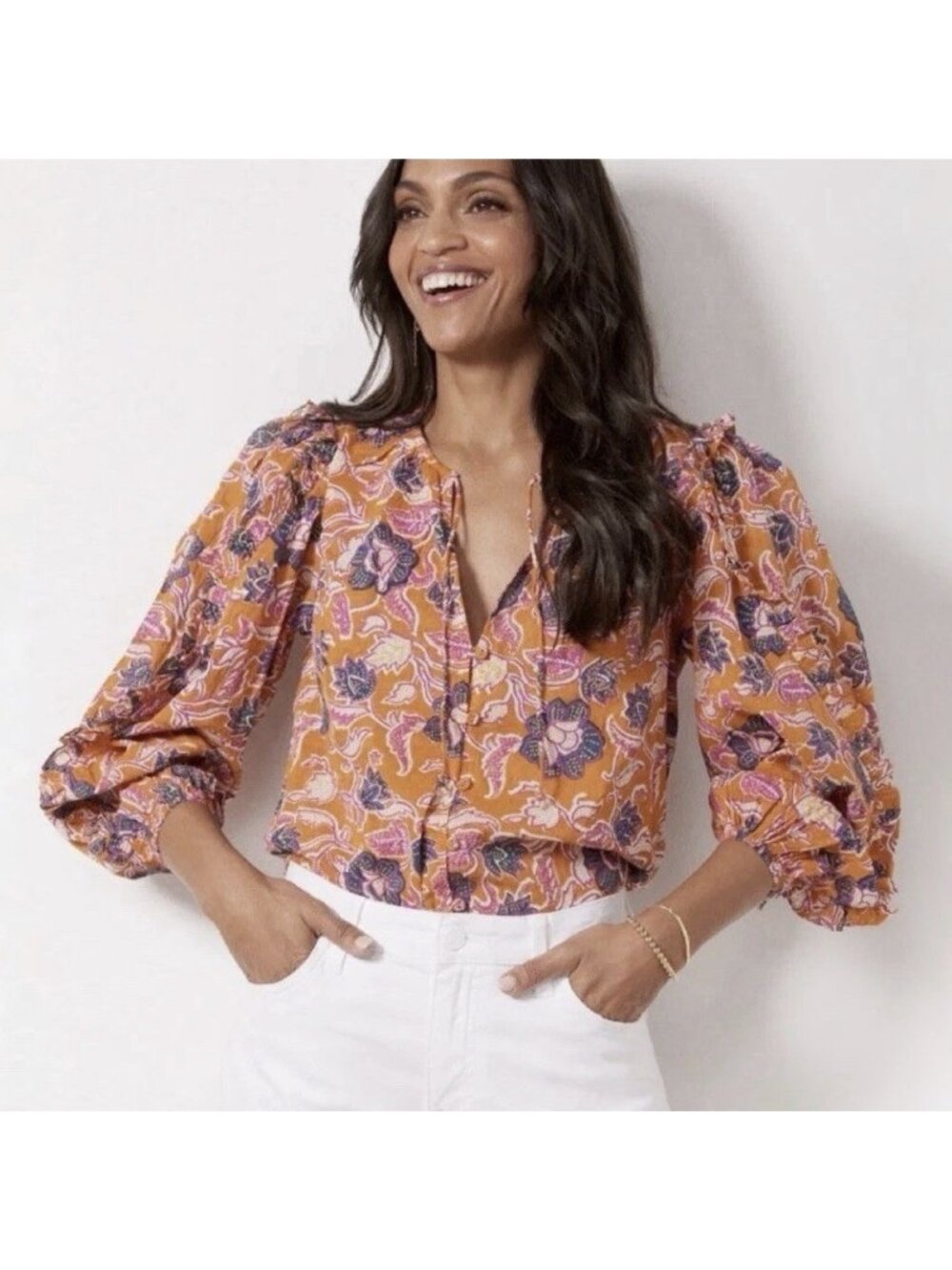 Cleobella Talia Orange Floral Top Ruffled Long Sleeves Blouse Women’s Sz Medium